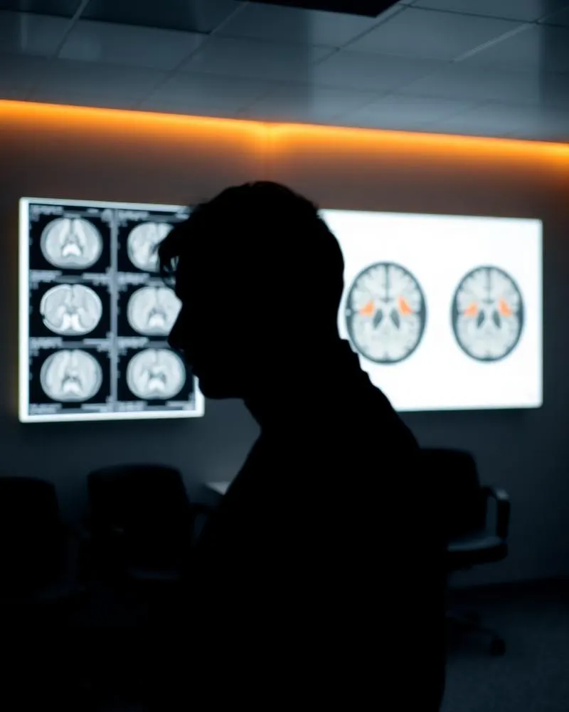 Silhouetted patient in a neurology consulting room beside CT brain scans