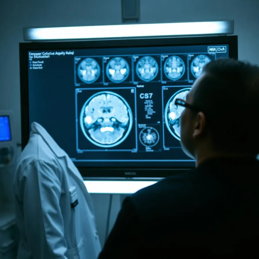 Radiologist reviewing a brain MRI on a hospital reading-room monitor