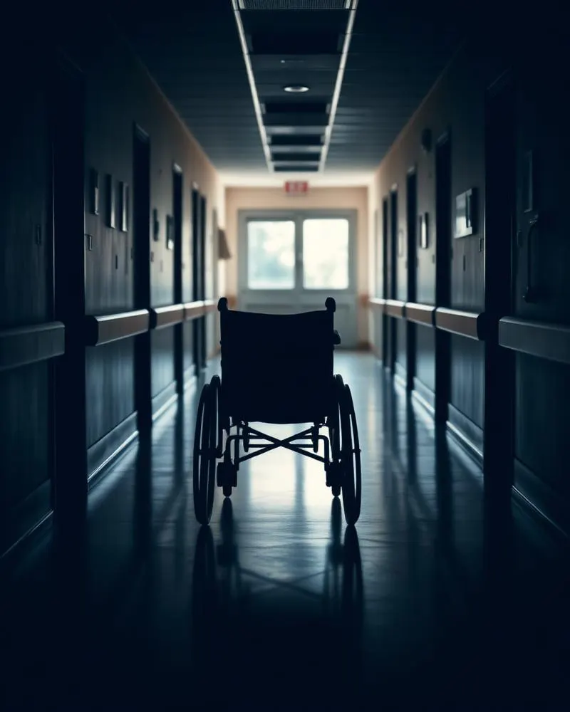 Wheelchair silhouetted at the end of a hospital corridor